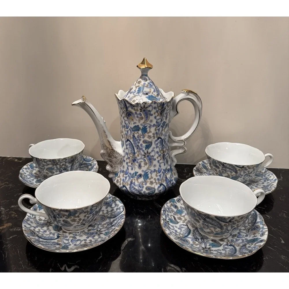 Vintage Blue Paisley By Lefton Cups And Saucers & Teapot For Four